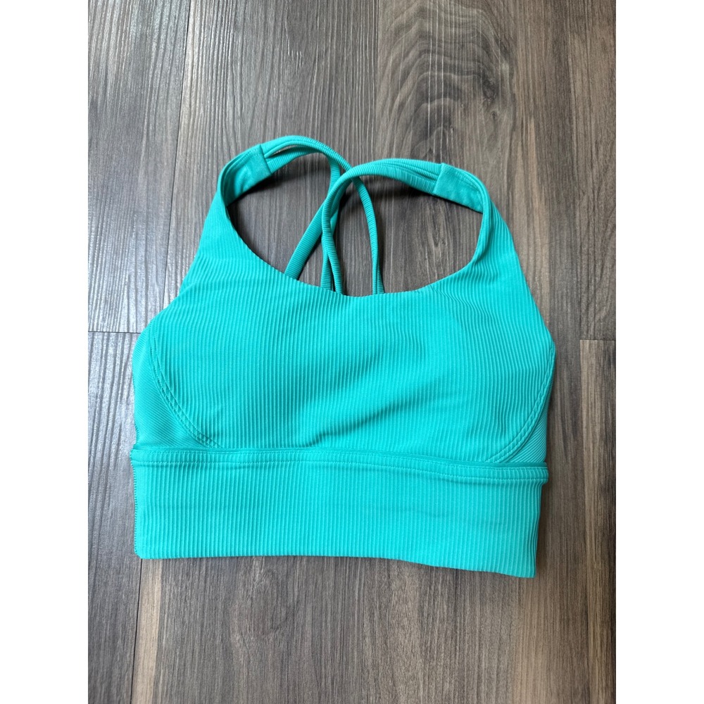 Lululemon Energy Bra Longline Ribbed Womens 4 Teal Green Strappy Back Activewear